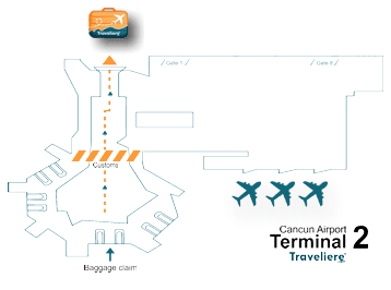 Preview of Cancun Airport Map 2025 from Terminal 2, customs, baggage claim and gates for arrival and departure transportation
