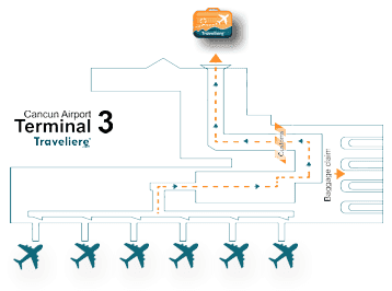 Preview of Cancun Airport Map 2025 from Terminal 3, customs, baggage claim and gates for arrival and departure transportation